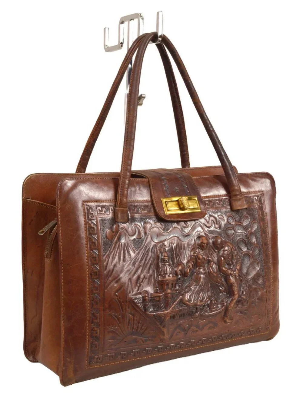 RARE! Mexican hand tooled vintage brown leather purse